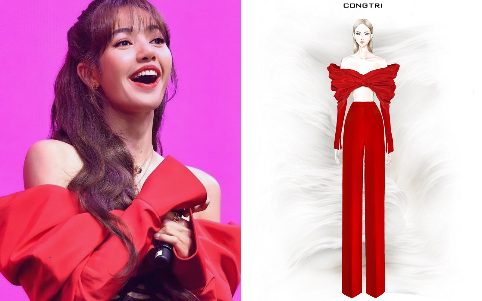 lisa-blackpink-9859-1685586129 Ca sĩ được người hâm mộ khen xinh đẹp, trẻ trung trong trang phục tông đỏ, đen. Cô phối thêm áo quây, khác với bản gốc (phải) của Công Trí. Ảnh: Nhân vật cung cấp