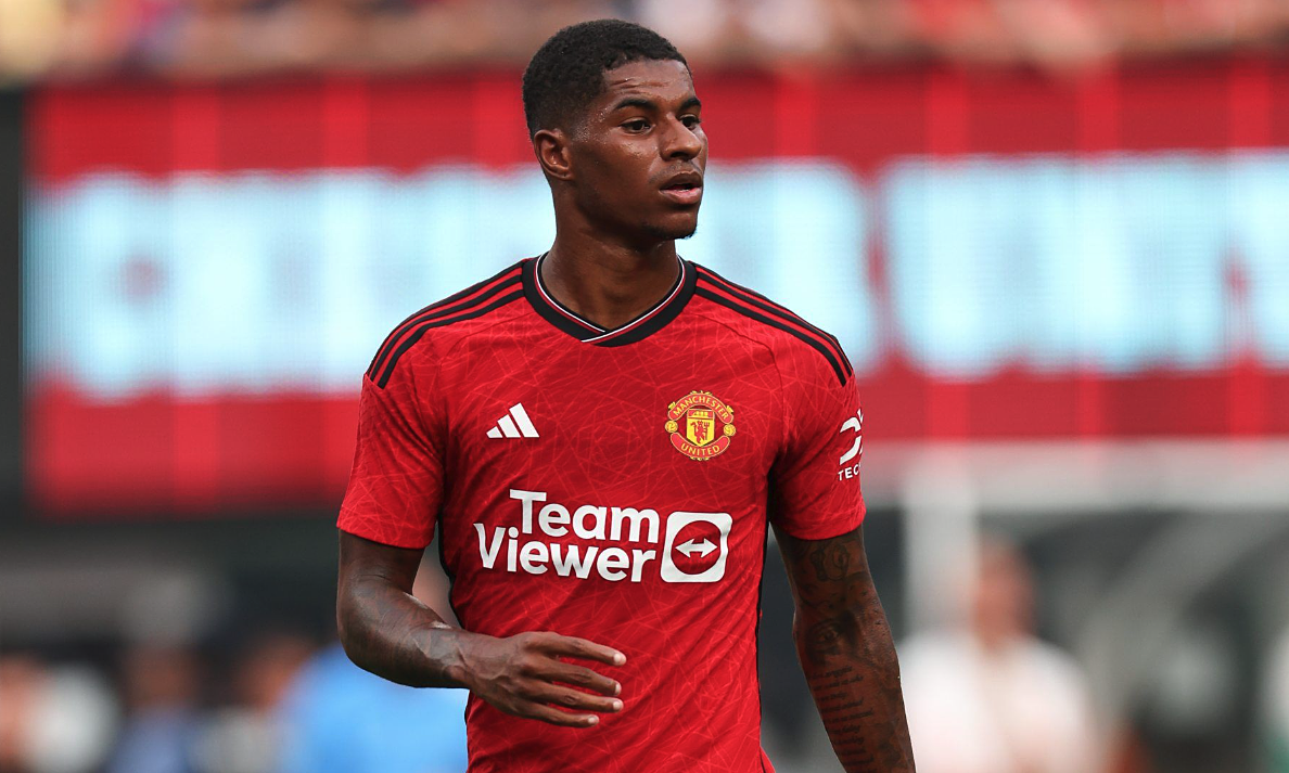 Tiền đạo Marcus Rashford mặc áo đấu Man Utd trong chuyến du đấu hè 2023. Ảnh: Reuters