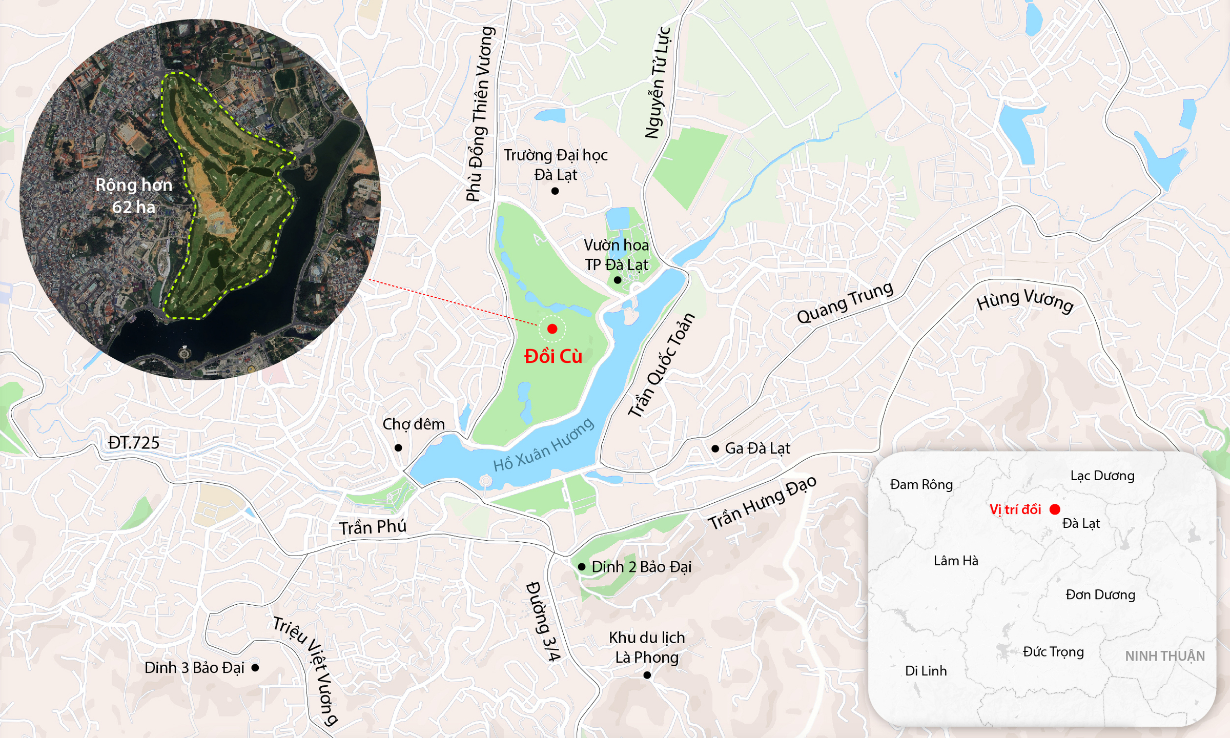 414506140-740242274329389-9098-4709-9301-1721112013-1 Vị trí đồi Cù ở trung tâm TP Đà Lạt. Đồ họa:Đăng Hiếu
