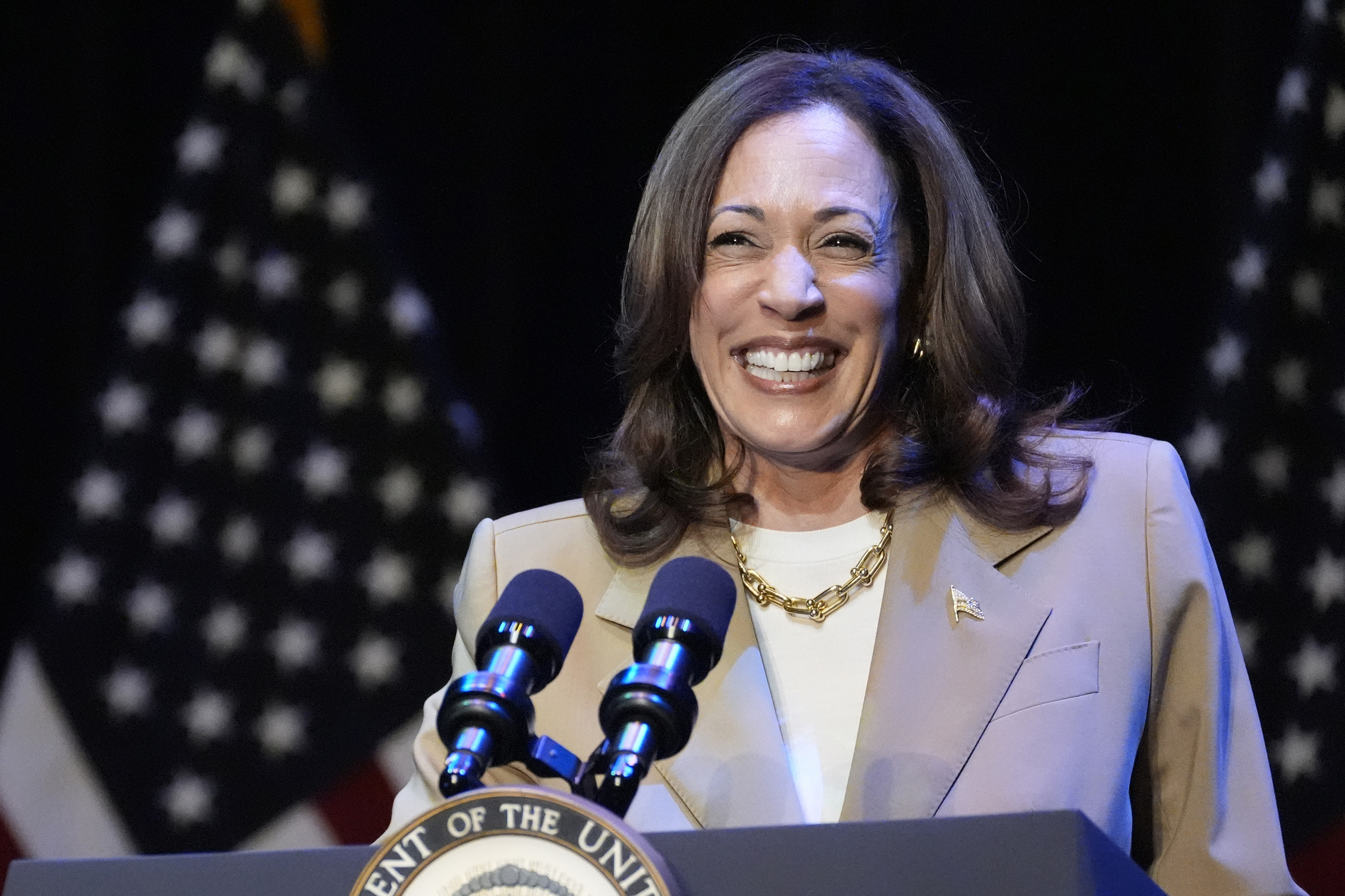 Vice President Kamala Harris delivers remarks at a campaign event in Pittsfield, Mass., Saturday, July 27, 2024. (AP Photo/Stephanie Scarbrough)