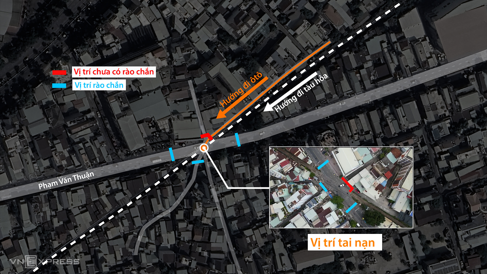 map-dn-1-1722242320-9017-1722243303 Vị trí xảy ra tai nạn chưa có rào chắn khi tàu hỏa chạy qua. Đồ họa: Đỗ Nam