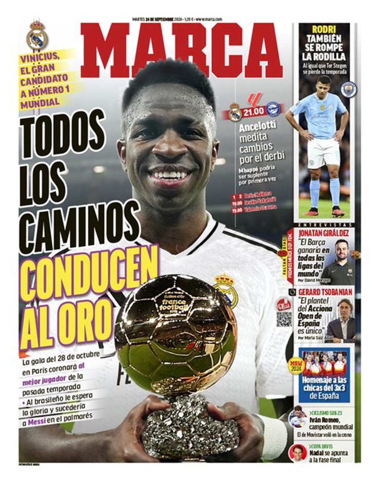 Tờ Marca đưa thông tin Vinicius giành Quả Bóng Vàng 2024 lên trang bìa ngày 23/9.