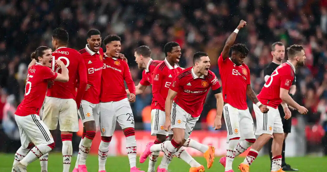 Cầu thủ Man Utd mừng chiến thắng trước Brighton ở loạt đá luân lưu bán kết Cup FA trên sân Wembley, thành phố London, Anh ngày 23/4/2023. Ảnh: FA