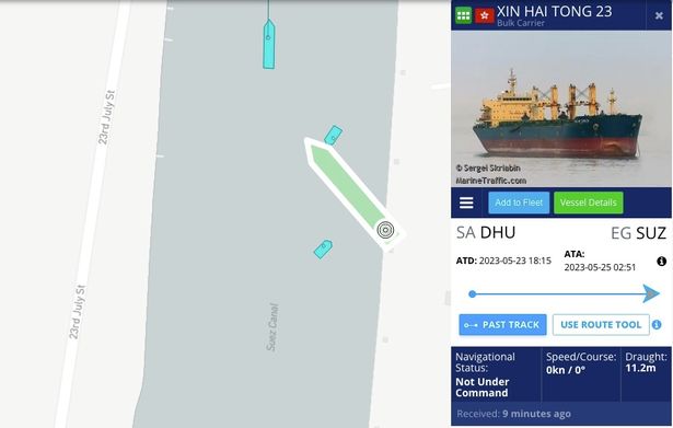 Vị trí tàu Xin Hai Tong 23 mắc cạn trên kênh Suez. Ảnh: Marine Trafic.