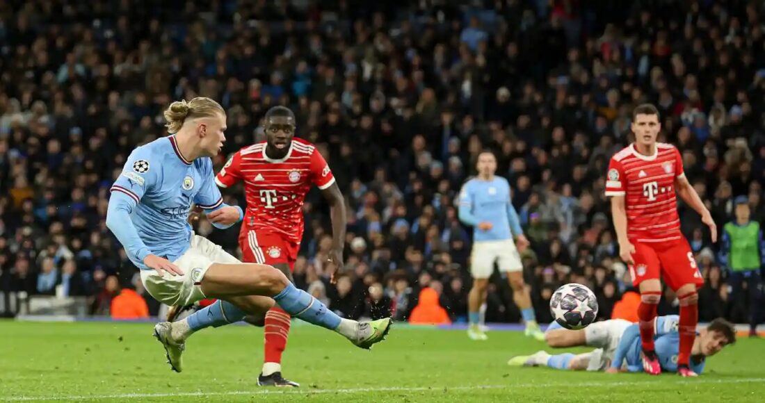 Haaland ghi bàn ấn định tỷ số 3-0 cho Man City trong trận tứ kết lượt đi với Bayern ngày 12/4. Ảnh: Colorsport