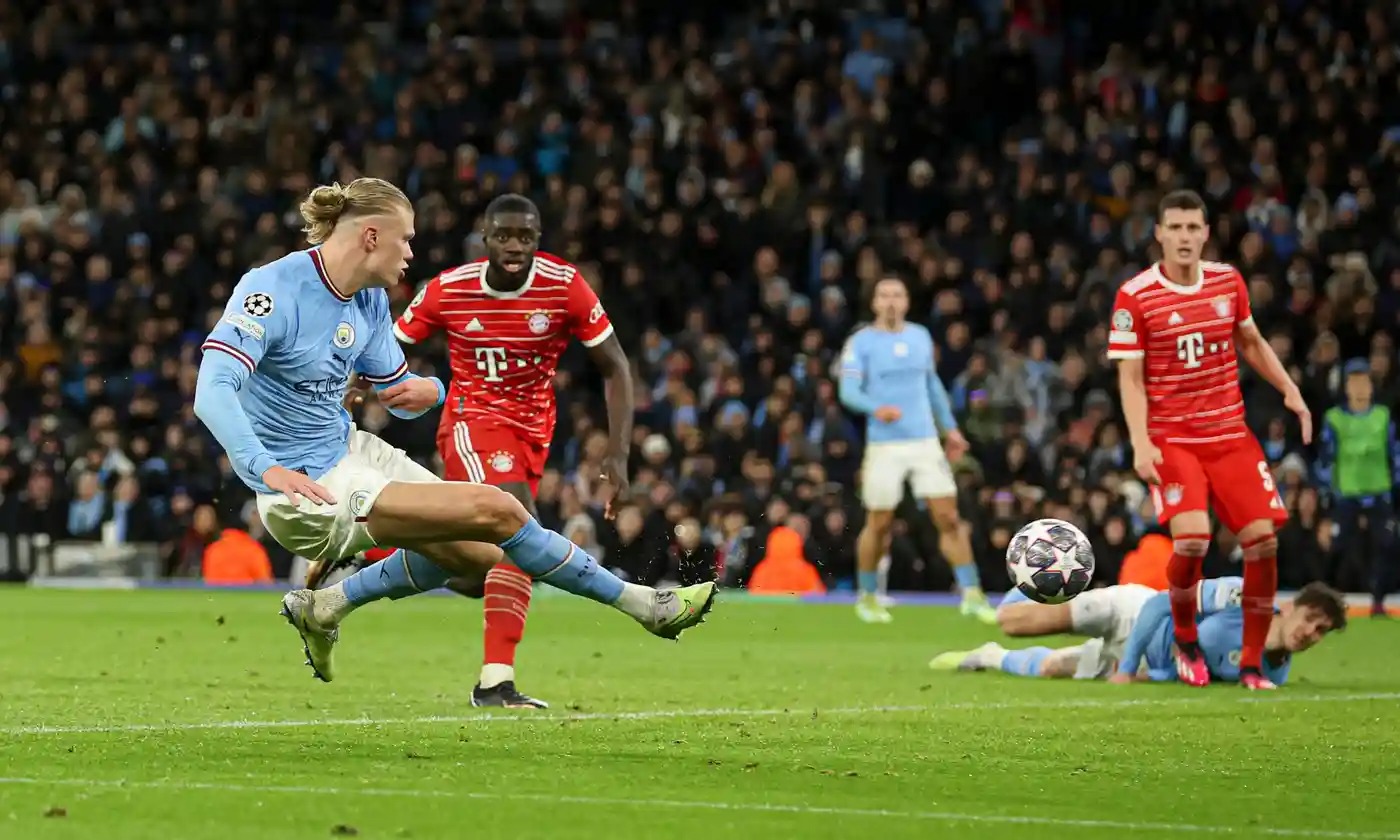 Haaland ghi bàn ấn định tỷ số 3-0 cho Man City trong trận tứ kết lượt đi với Bayern ngày 12/4. Ảnh: Colorsport