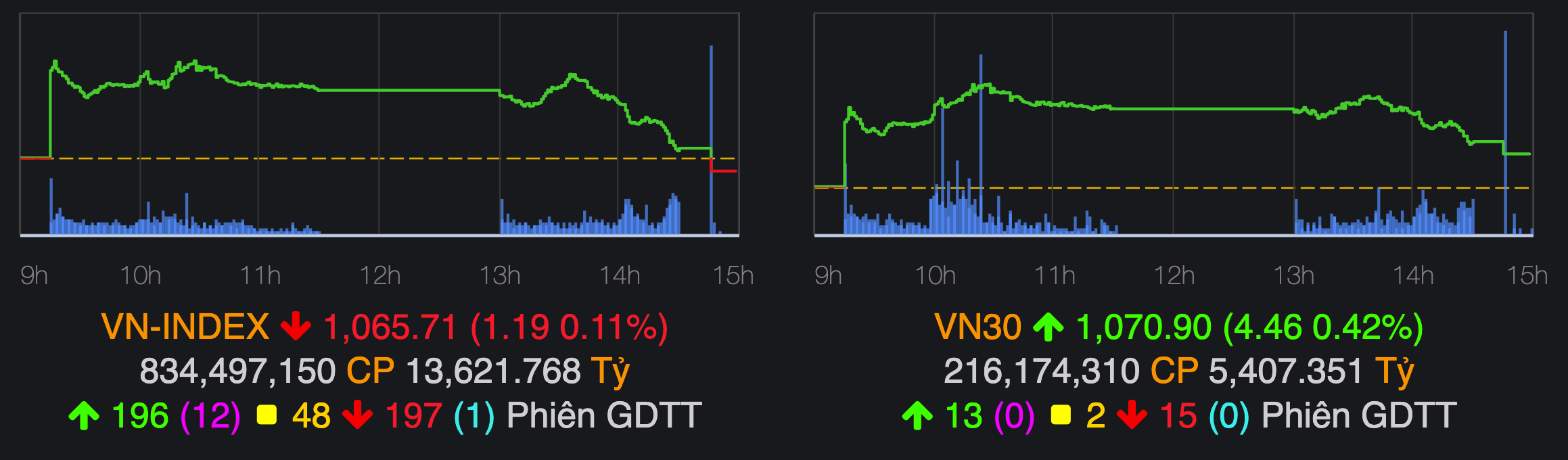 VN-Index chốt phiên 15/5 trong sắc đỏ. Ảnh: VNDirect