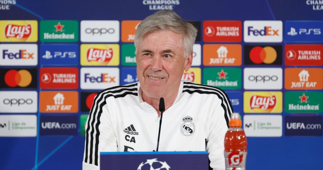 HLV Ancelotti trong buổi họp báo trước trận Real - Man City ở bán kết lượt đi Champions League. Ảnh: realmadrid.com