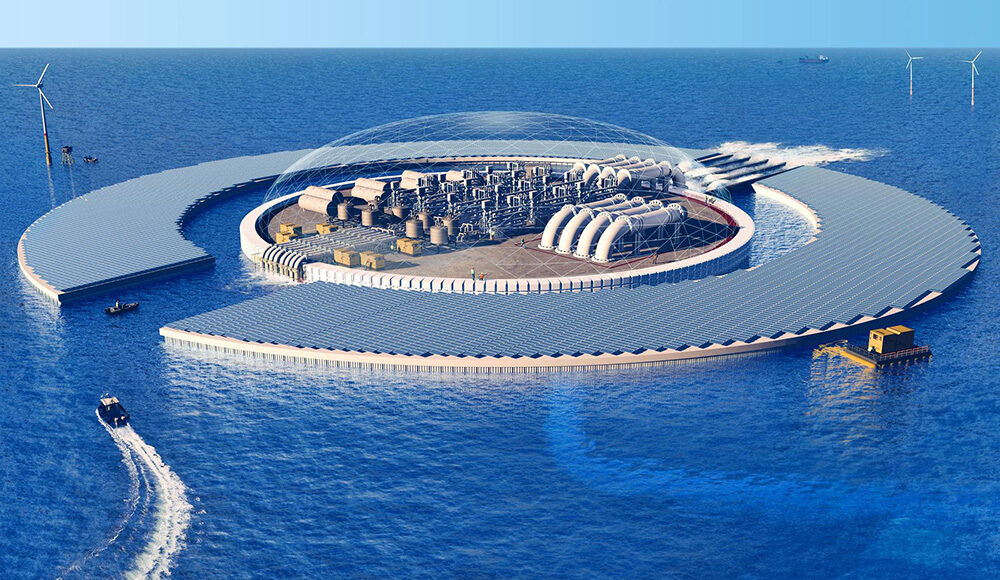 Mô phỏng một cơ sở quy mô lớn của Captura nhằm tách lọc CO2 từ nước biển. Ảnh: Captura