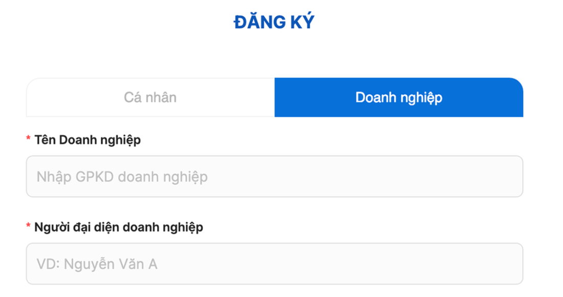 Phần đăng ký của doanh nghiệp trên app.