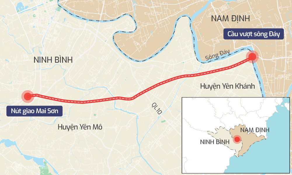 Đoạn cao tốc Ninh Bình - Nam Định dài 25km đã được tỉnh Ninh Bình đề xuất đầu tư. Đồ hoạ: Tạ Lư