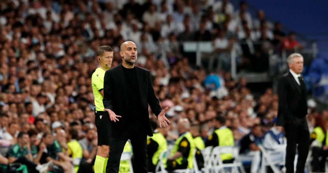 Guardiola chỉ đạo trong trận Man City hoà chủ nhà Real Madrid trên sân Bernabeu ở lượt đi bán kết ngày 9/5. Ảnh: AS