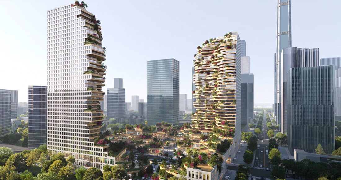 Thiết kế độc đáo của hai tòa nhà Oasis Towers tại Nam Kinh, Trung Quốc. Ảnh: MVRDV
