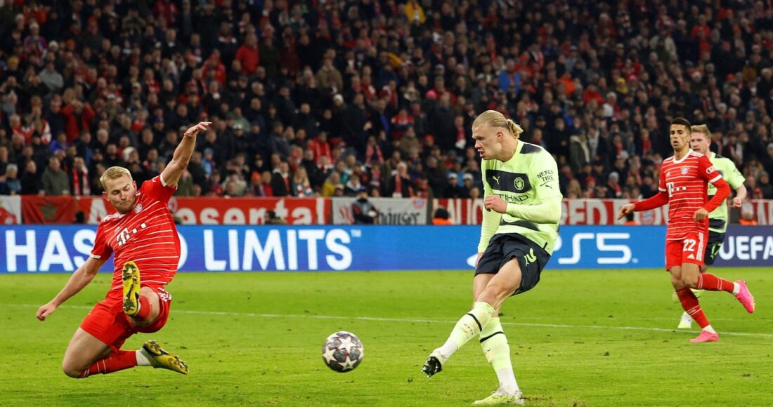 Haaland mở tỷ số trận Man City hòa chủ nhà Bayern 1-1 ở lượt về tứ kết Champions League ngày 19/4. Ảnh: Reuters