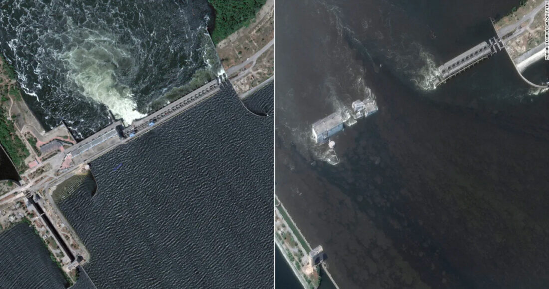 Đập Kakhovka trước (bên trái) và sau khi bị vỡ ngày 6/6. Ảnh: Reuters