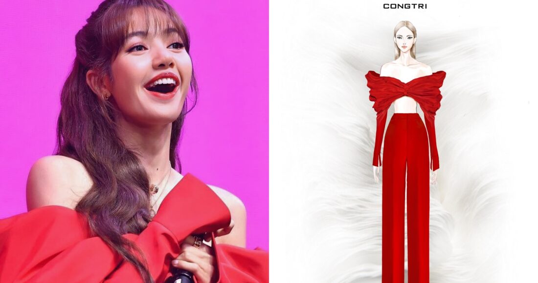 Ca sĩ được người hâm mộ khen xinh đẹp, trẻ trung trong trang phục tông đỏ, đen. Cô phối thêm áo quây, khác với bản gốc (phải) của Công Trí. Ảnh: Nhân vật cung cấp