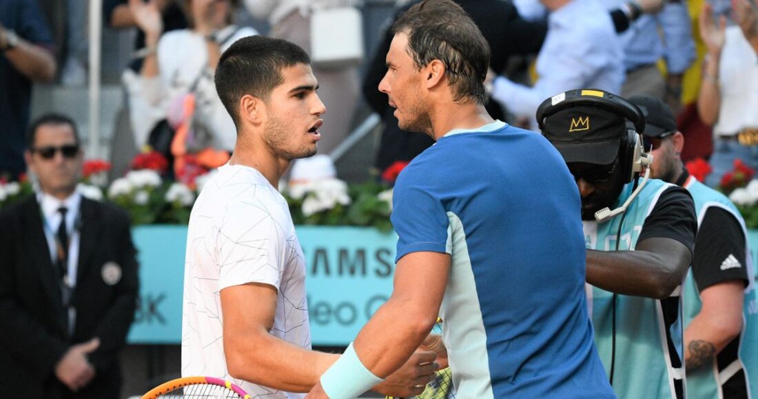 Alcaraz thua hai trong ba lần đấu Nadal. Lần gần nhất họ gặp nhau là tại Madrid Masters 2022. Ảnh: ATP
