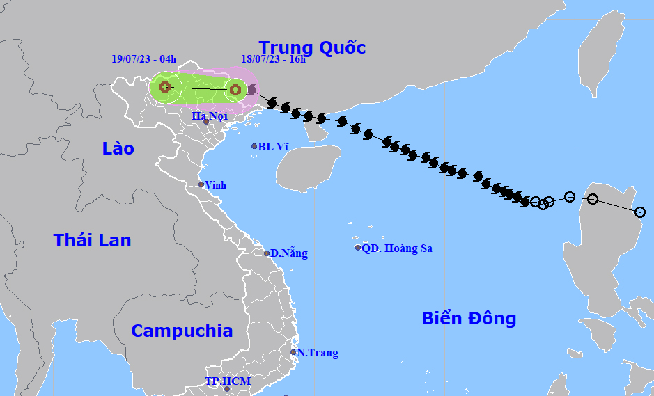 Dự báo đường đi và khu vực ảnh hưởng của bão Talim lúc 16h ngày 18/7. Ảnh: NCHMF