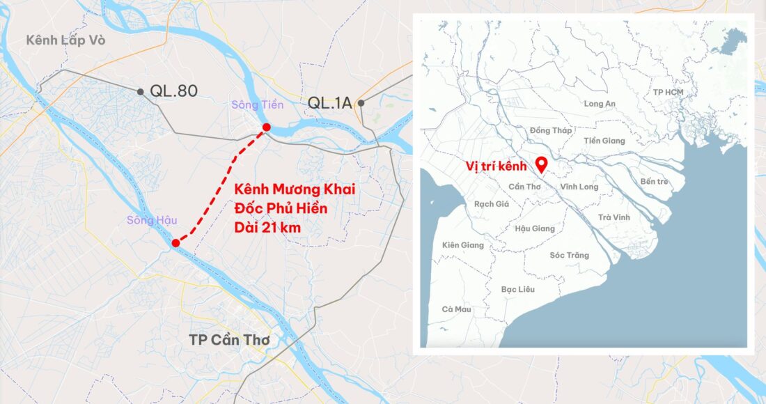 Vị trí kênh Mương Khai - Đốc Phủ Hiền, dự án đang được Đồng Tháp đề xuất đầu tư. Đồ hoạ: