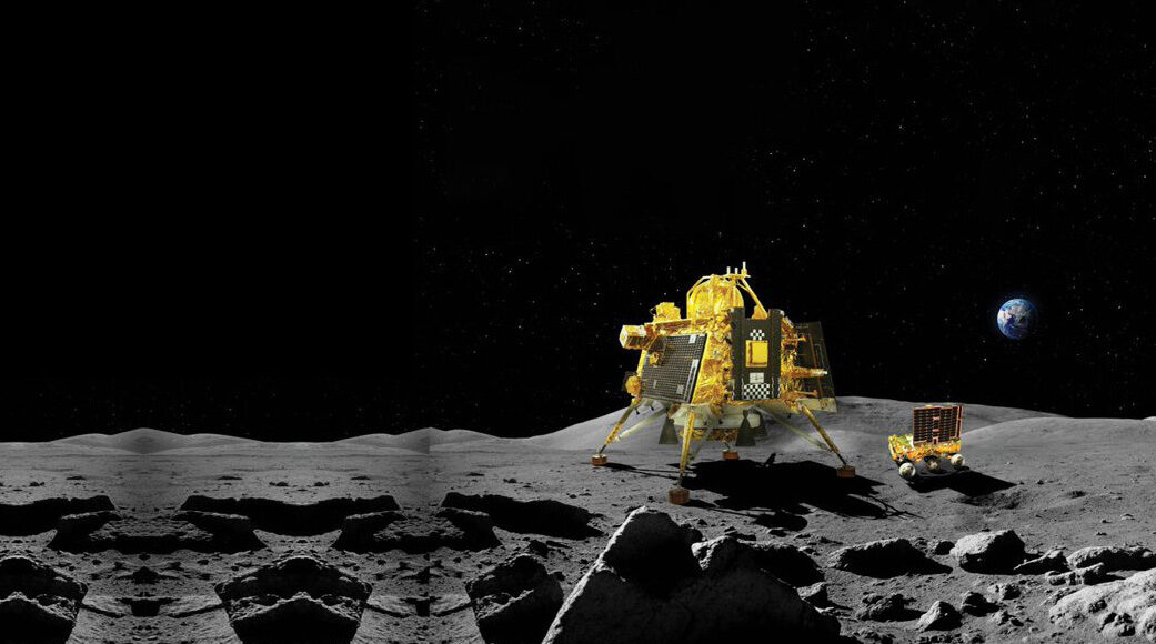 Mô phỏng trạm đổ bộ và robot trong nhiệm vụ Mặt Trăng Chandrayaan-3. Ảnh: