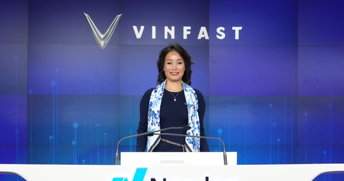 Bà Lê Thị Thu Thủy, Phó chủ tịch Vingroup kiêm Tổng giám đốc VinFast toàn cầu tại sàn Nasdaq tối 15/8. Ảnh: VinFast