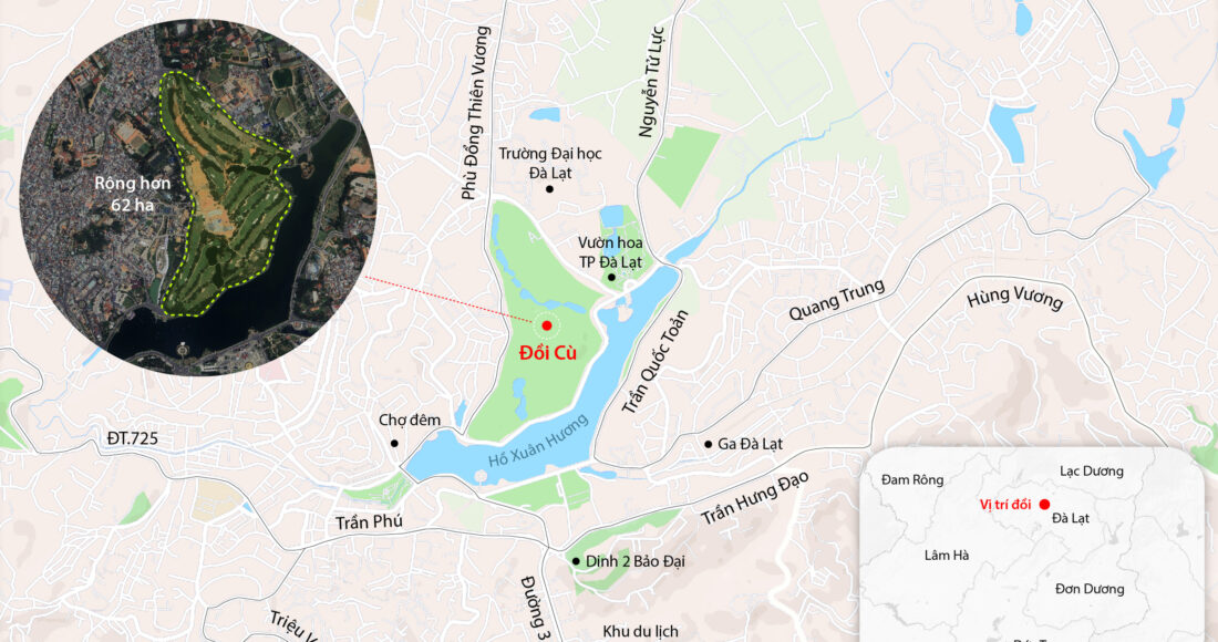Vị trí đồi Cù ở trung tâm TP Đà Lạt. Đồ họa:Đăng Hiếu