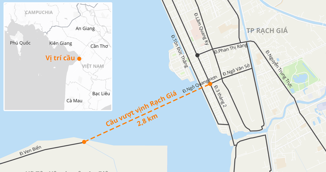 Vi trí dự kiến xây cầu vượt biển vịnh Rạch Giá. Đồ họa: Khánh Hoàng