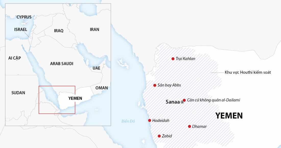 Khu vực Houthi kiểm soát tại Yemen. Đồ họa: AFP