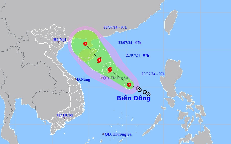 Dự báo hướng đi và khu vực ảnh hưởng của áp thấp nhiệt đới lúc 7h ngày 20/7. Ảnh: NCHMF