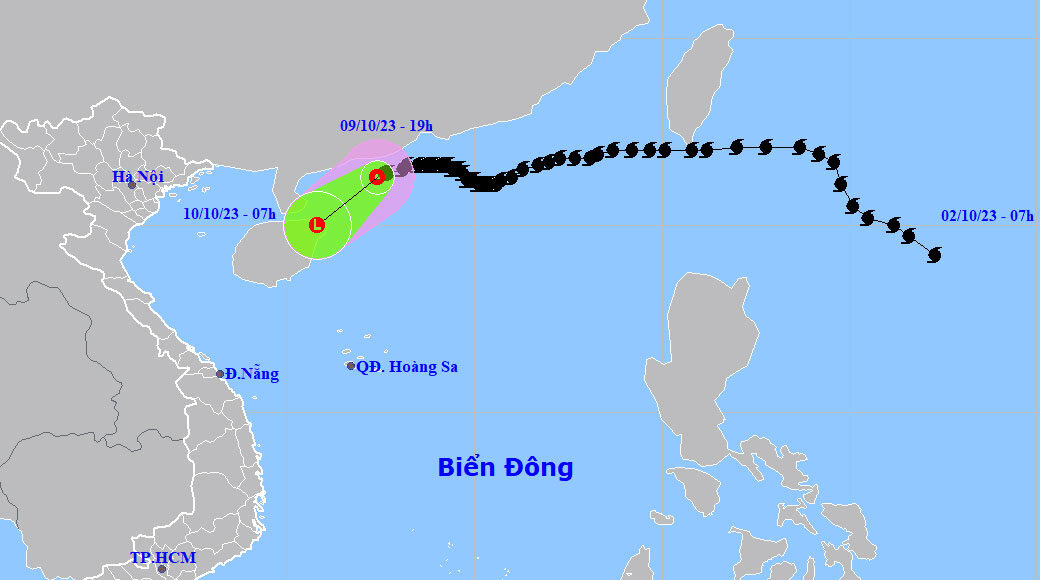 Dự báo đường đi và khu vực ảnh hưởng của áp thấp nhiệt đới. Ảnh: NCHMF