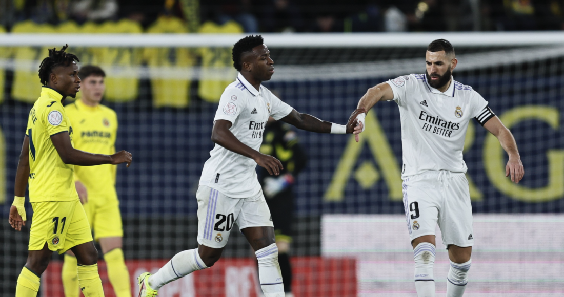 Benzema và Vinicius khi còn sát cánh cùng nhau tại Real. Ảnh: EFE