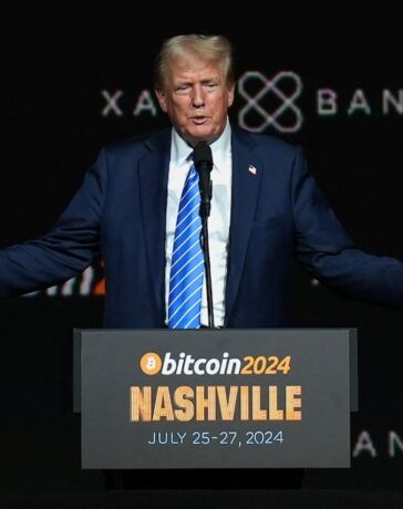 Cựu Tổn thống Mỹ Donald Trump trong sự kiện Bitcoin 2024 hôm 27/7. Ảnh: Reuters