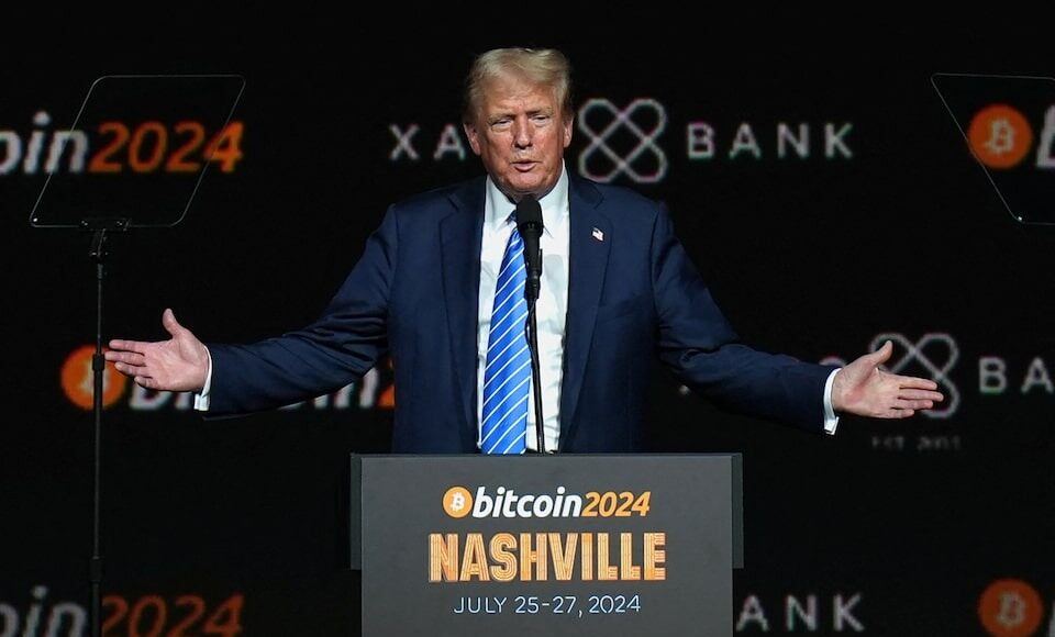 Cựu Tổn thống Mỹ Donald Trump trong sự kiện Bitcoin 2024 hôm 27/7. Ảnh: Reuters