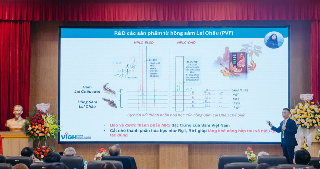 Tiến sĩ Phạm Hà Thanh Tùng - Viện trưởng Viện nghiên cứu Sâm và Dược liệu Việt Nam báo cáo tại Hội thảo khoa học Tiêu chuẩn chất lượng dược liệu sâm và sản phẩm chăm sóc sức khỏe từ sâm. Ảnh: Vigh