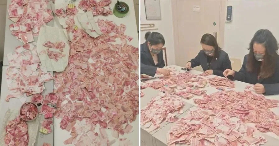 Nhân viên ngân hàng ICBC Côn Minh ghép tiền cho cô Trương hồi tháng 7. Ảnh: Oriental Daily