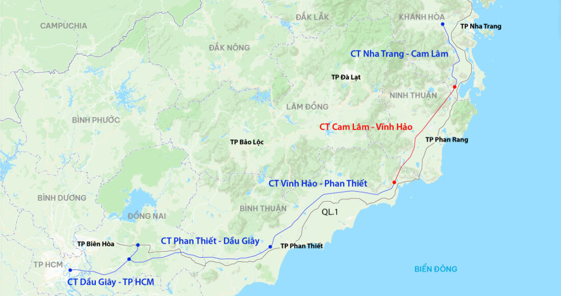 Cam Lâm - Vĩnh Hảo là một trong 5 đoạn cao tốc nối TP HCM với Nha Trang. Đồ hoạ: Đăng Hiếu