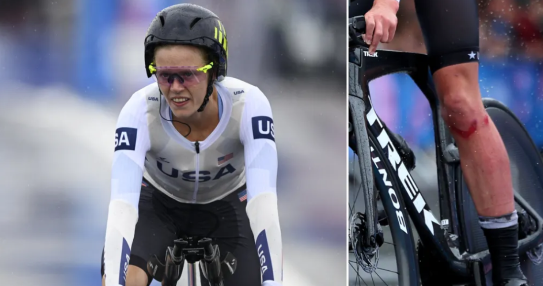 Knibb nỗ lực thi đấu dù liên tục ngã và chấn thương ở chung kết nội dung xe đạp tính giờ ở Olympic 2024.