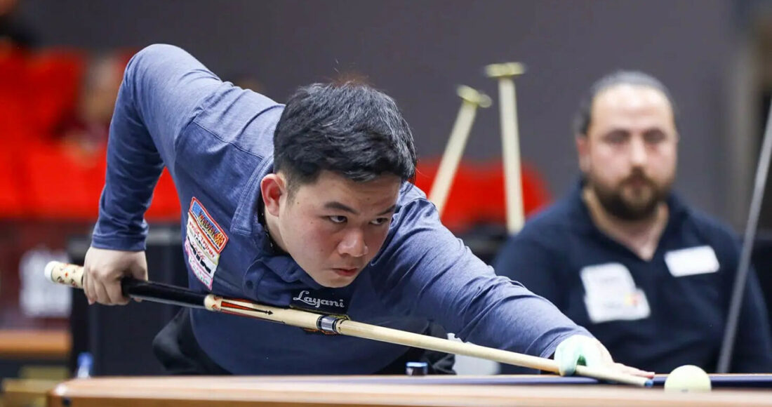 Cơ thủ Bao Phương Vinh trong trận tứ kết carom 3 băng UMB World Cup ở Ankara, Thổ Nhĩ Kì gặp Omer Karakurt, tối 14/6/2024. Ảnh: Kozoom