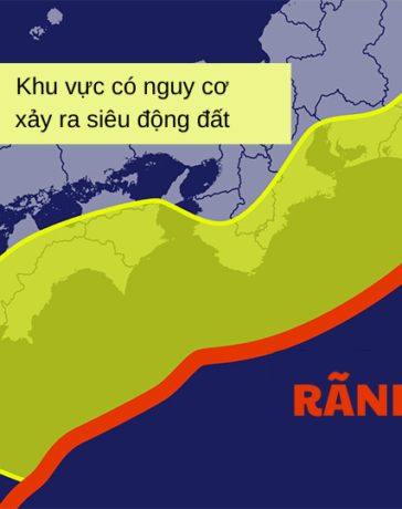 Vị trí rãnh Nankai và khu vực có nguy cơ xảy ra siêu động đất. Đồ họa: NHK