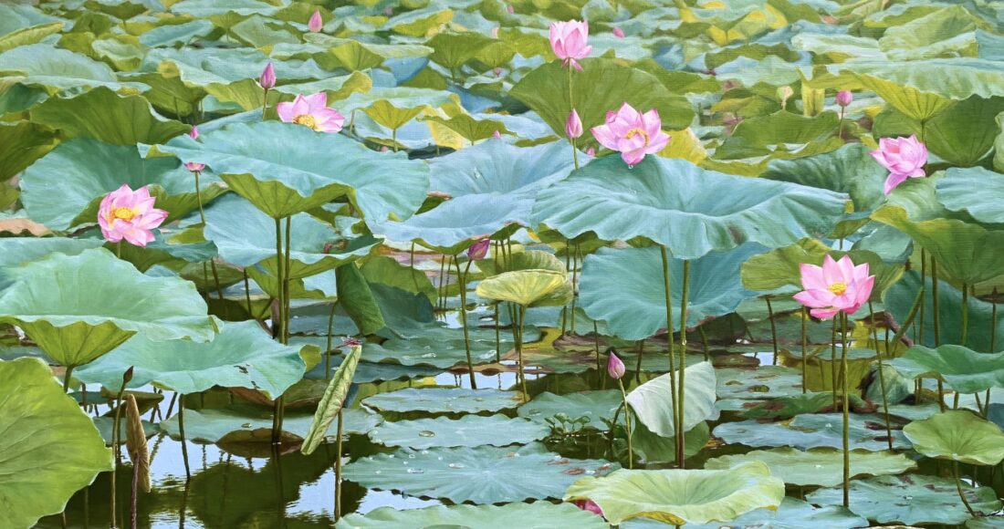 Tranh Mùa sen, kích thước 60x90 cm, chất liệu sơn dầu. Ảnh: Nhân vật cung cấp