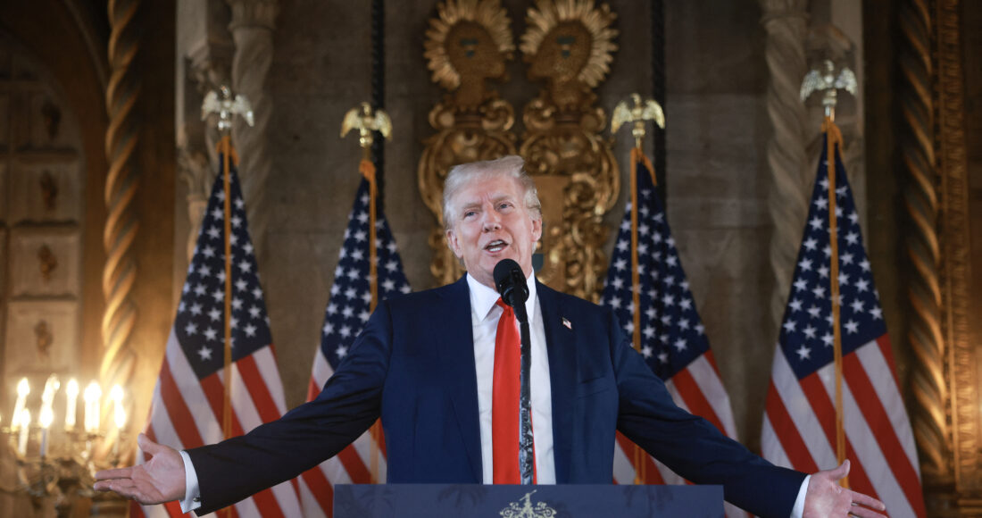 Republican presidential candidate former President Donald Trump speaks during a press conference at his Mar-a-Lago estate on August 08, 2024, in Palm Beach, Florida. Polls currently show a close race between Trump and Democratic presidential candidate, U.S. Vice President Kamala Harris. Joe Raedle/Getty Images/AFP
