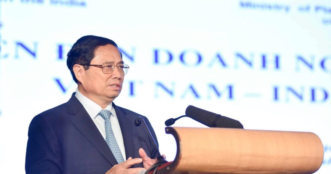 Thủ tướng Phạm Minh Chính phát biểu tại Diễn đàn doanh nghiệp Việt Nam - Ấn Độ ngày 31/7. Ảnh: Nguyễn Hồng