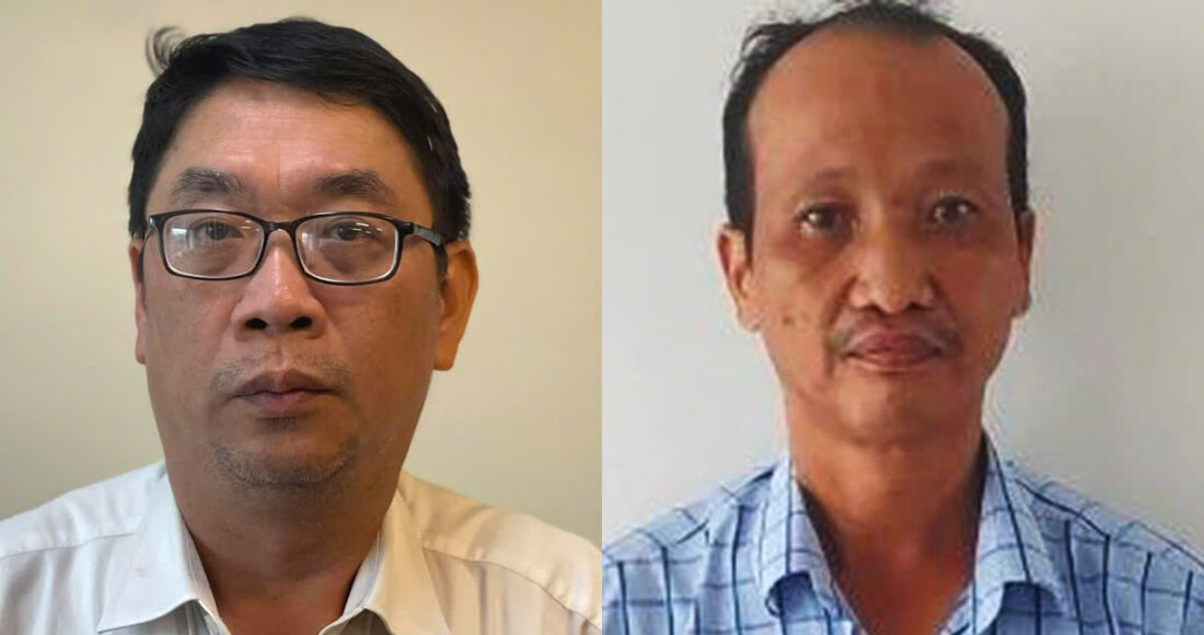 Ông Đinh Minh Hiệp (trái) và Nguyễn Chí Thân tại cơ quan điều tra. Ảnh: Bộ Công an