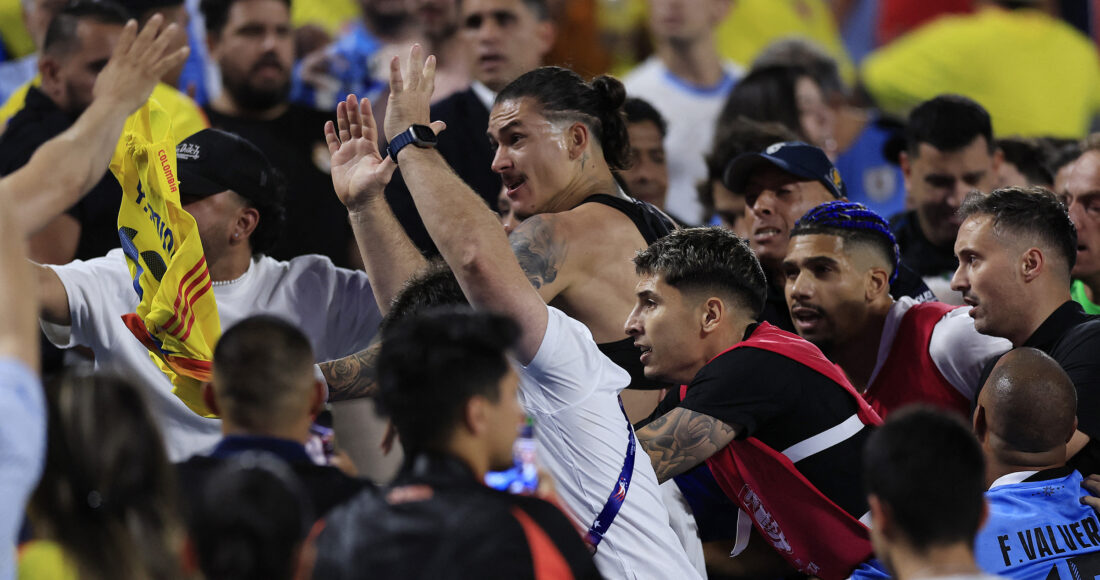 Tiền đạo Uruguay Darwin Nunez lao lên khán đài, đánh nhau với CĐV Colombia sau trận bán kết Copa America 2024 sáng 7/10. Ảnh: AFP