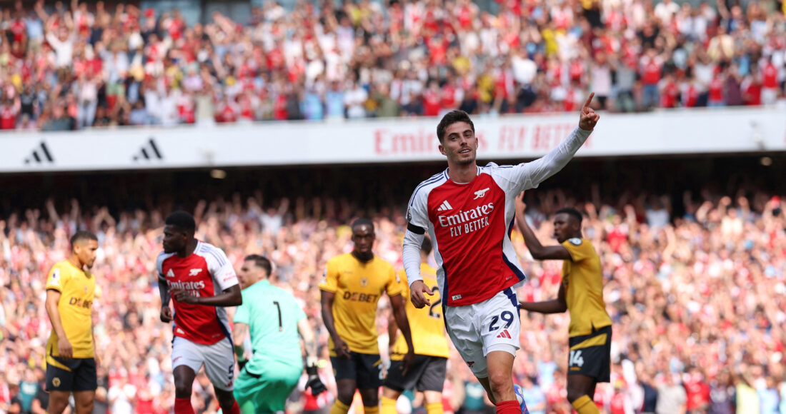 Tiền đạo Kai Havertz mừng sau khi ghi bàn mở tỷ số trận Arsenal - Fulham trên sân Emirates ở vòng 1 Ngoại hạng Anh ngày 17/8/2024. Ảnh: AFP.