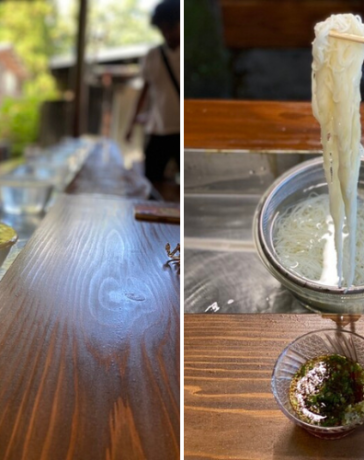 Món mì lạnh phục vụ kiểu băng chuyền tại nhà nghỉ truyền thống Ryokan Kurotakesou, Yufu, Oita. Ảnh: Fujimo