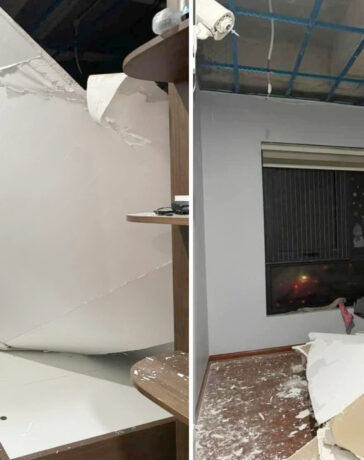 Trần thạch cao bị sập trong căn chung của của gia đình chị Ngọc Bích ở quận Hà Đông, Hà Nội. Ảnh: Nhân vật cung cấp