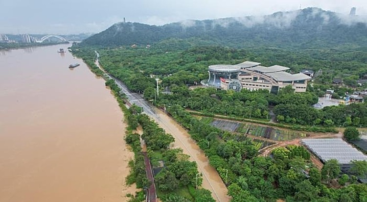 Một đoạn tuyến đường bao quanh Bảo tàng Dân tộc Quảng Tây ở Nam Ninh bị nước sông dâng cao gây ngập lụt ngày 12/9. Ảnh: China News