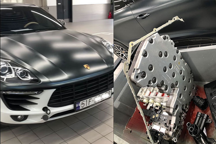 Chiếc Macan khi nằm xưởng Porsche Sài Gòn với cụm van điều khiển hộp số được tháo rời. Ảnh: Phạm Tấn