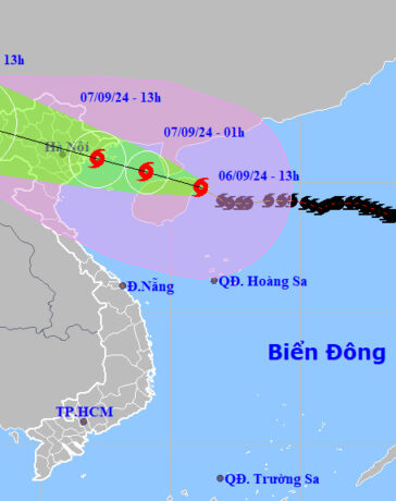 Dự báo đường đi và khu vực ảnh hưởng của bão Yagi. Ảnh: NCHMF